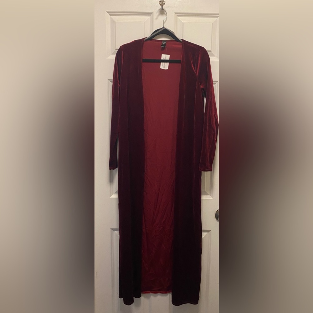 Women’s Long Velvet Open Front Coatigan - Deep Wine
